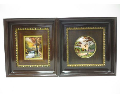 A pair of Limoges enamel Panels of landscapes with waterfalls, signed P. Bennet, framed, and a pair of Chinese pictures of fa