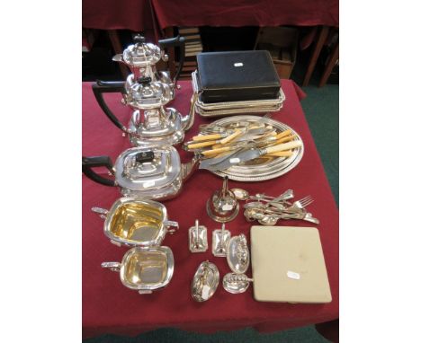 Two pairs of plated Entree Dishes and Covers, a five piece Tea & Coffee Service, a Wine Funnel and Cutlery, some cased