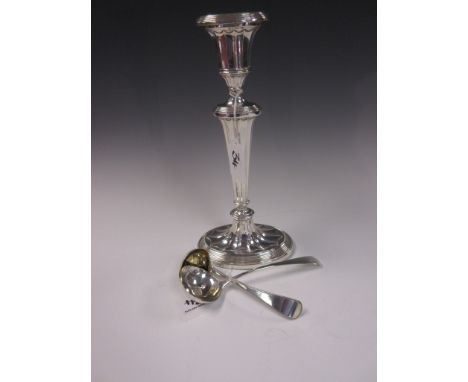 A Victorian silver Pillar Candlestick with fluted tapering column on oval base, Chester 1899, 10in, a George III Sauce Ladle 