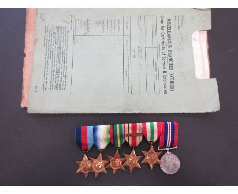Six: 1939-45 STAR, ATLANTIC STAR, PACIFIC STAR, AFRICA STAR 1 clasp "North Africa 1942-43", ITALY STAR, WAR MEDAL (All unname