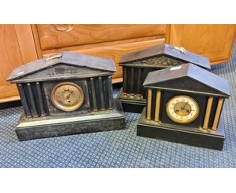 Three black slate and marble mantle clock A/F.