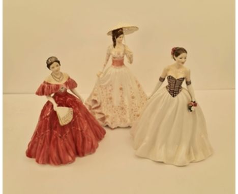 Three Royal Worcester figures The Queen Mother, Catherine, and The Garden Party.