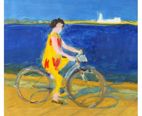 Michael Hutchings (British, 1918-2020), portrait of the artist's wife cycling. Acrylic on paper. Unsigned. 44 x 50cm.Biograph