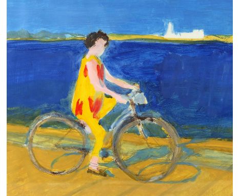 Michael Hutchings (British, 1918-2020), portrait of the artist's wife cycling. Acrylic on paper. Unsigned. 44 x 50cm.Biograph