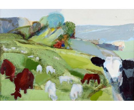 Michael Hutchings (British, 1918-2020), 'Welsh Pastoral', sheep and cattle on a hillside (1990). Acrylic and oil on board. Si