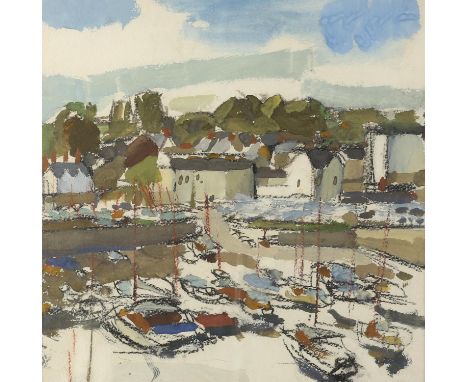 Michael Hutchings (British, 1918-2020), view of Saundersfoot. Charcoal and gouache. Signed verso. 52 x 52cm.Biography and Pro