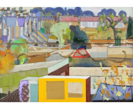 Michael Hutchings (British, 1918-2020), 'Back Gardens'. Acrylic and collage on canvas board. Labels verso. 62 x 82cm.Biograph