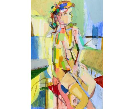 Michael Hutchings (British, 1918 - 2020), seated woman, abstract portrait. Oil on canvas. Signed and dated verso 1988. 92 x 6