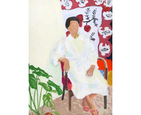 Michael Hutchings (British, 1918 - 2020), woman by a white screen. Acrylic on board. Initialled and dated lower right 1984. L