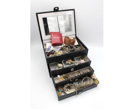 Black Jewellery box of costume jewellery and silver items, including a large pear drop amethyst bracelet, an oval fluorite pe