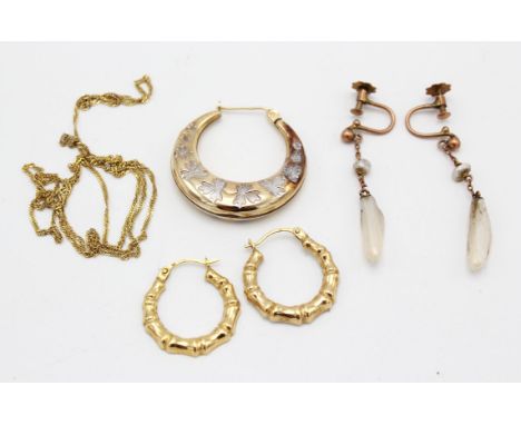 A group of earrings, including a pair of mother of pearl and baroque pearl earrings, with screw back fittings for non pierced