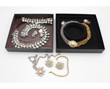 Three sets of matching Vintage Monet jewellery, including a silver blue and pearly white collar necklace, bracelet 18cm long 