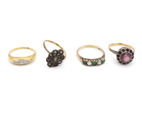 Antique diamond ring, with five old cut diamonds in a raise pave setting mounted in stamped 18 ct, size I, an opal and emeral