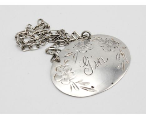 Silver 'Gin' decanter labels with floral designCondition Report:  Item is in good condition, light scratches to back and mino