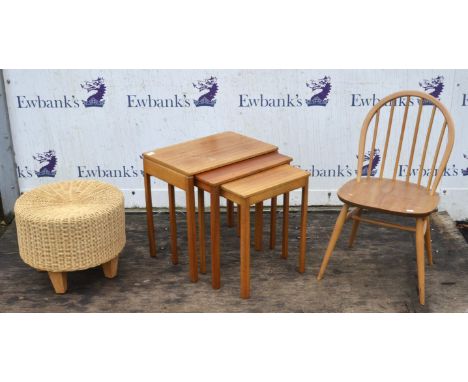 A. H. Mc intosh & Co Ltd Kirkcaldy, Scotland, teak nest of three tables together with wicker circular stool and ercol chair(3