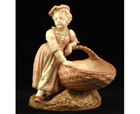 A Royal Worcester porcelain sweetmeat basket, shape no. 1658, modelled with a young girl and a woven basket, 19cm high.Condit