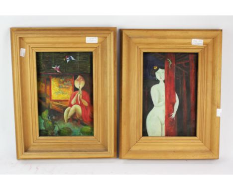 A pair of modern paintings of Oriental beauties, one lady playing a flute in front of a Lotus pond, one depicted in an interi