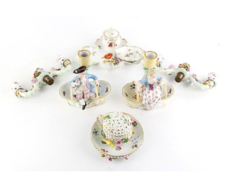Meissen porcelain Schneeballen chocolate cup and saucer, pair of Dresden candle sticks with seated figures and a pair candela