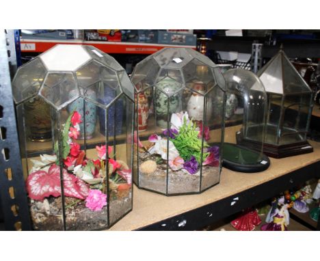 A pair of decagonal glass terrariums, another hexagonal example and a glass clock dome, terrariums H 40cm, (4)