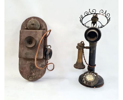 Bakelite sit-up-and-beg telephone converted to table lamp and another wall-mounted vintage telephone (2) 