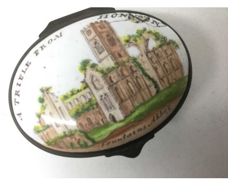 A South Staffordshire enamel patch box 'A Trifle from Honiton' circa 1800-20, 5cm long
