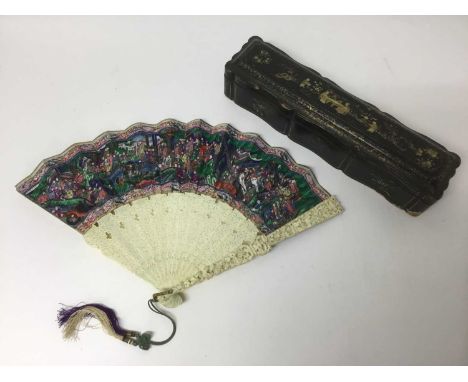 Fine quality 19th century Canton fan, with exceptional carved and pierced ivory end sticks and painted with extensive figural