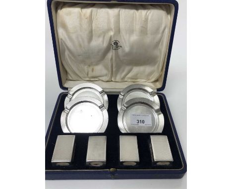 1930s Mappin &amp; Webb silver smoking set comprising four engine turned circular ashtrays and four matching match cases, in 