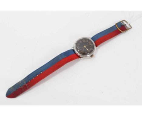 First World War Officers Mappin ' Campaign' wristwatch with black and gilt dial , Swiss 15 jewel movement in circular silver 