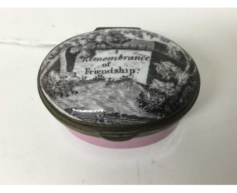 A South Staffordshire enamel patch box 'A Remembrance of Friendship' circa 1810-20, 4cm longCondition report: Cover with some