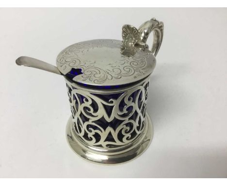 Victorian silver mustard, London 1847, maker SH over DG, pierced drum form with blue glass liner, 8.5 cm high, together with 