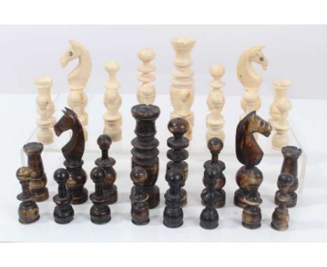 19th century ivory and stained ivory chess set, the King 8cm high