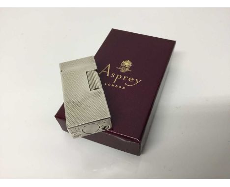 Vintage Dunhill silver plated pocket lighter with engine turned decoration, 5.5cm high, in Asprey card box