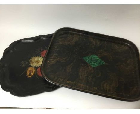 Victorian papier mache tray by Schoolbred, of rounded rectangular dished form, decorated with wood grain and faux malachite, 