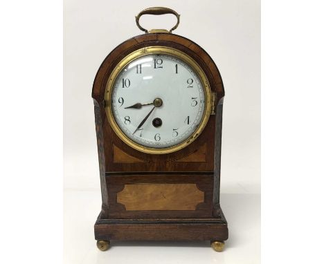 Late 19th century inlaid mahogany mantel clock with circular white enamel dial, in dome topped case with brass carrying handl