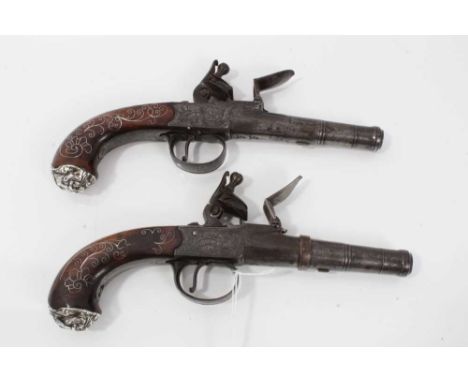 Pair fine 18th century Queen Anne Flintlock pocket pistols with turn- off cannon barrels by Adams London , trigger guard safe