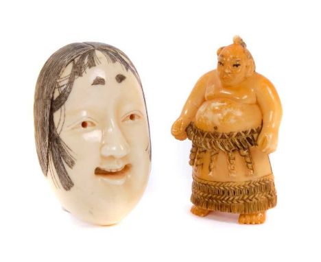 19th century carved ivory netsuke in the form of a sumo wrestler, signed, 5cm high, together with a Japanese carved ivory noh