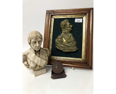 Antique brass profile bust of Wellington, mounted in a maple veneered frame, 32cm x 27cm overall, bronze Art Union of London 