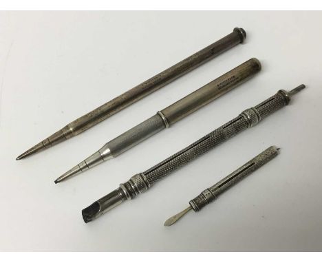 Group of four Sampson Mordan silver and white metal items to include an engine turned double-ended pen and pencil, engine tur