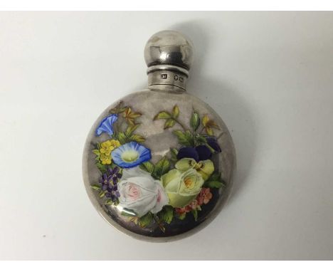 Fine quality Victorian silver and enamel scent flask of circular form, finely enamelled profusion of summer flowers and folia