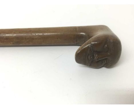 Antique yew wood walking stick, with mask terminal and copper ferrule, 82cm long