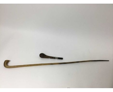 Rhinoceros horn walking stick handle 18cm and crop 78cm. circa 1900., white metal ferrule, 77cm long, total weight approximat