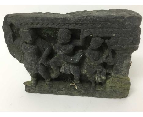 Indian black stone carved architectural frieze section, relief carved with dancing figures, 14cm high x 20cm wide