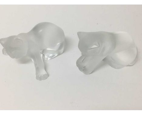 Modern Lalique cat frosted glass paperweight, etched signature Lalique, France, together with another, the first with boxCond