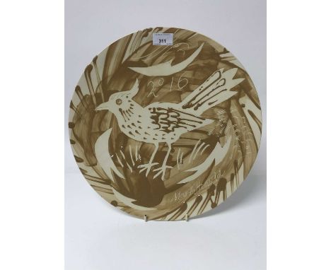 Mark Hearld (b.1974) ceramic plate decorated with a bird, signed and dated 2016, 38cm diameter