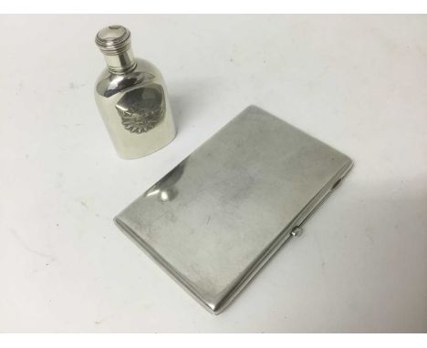 Victorian silver communion wine flask, London 1842, with screw cover and engraved IHS emblem, together with a silver cigarett