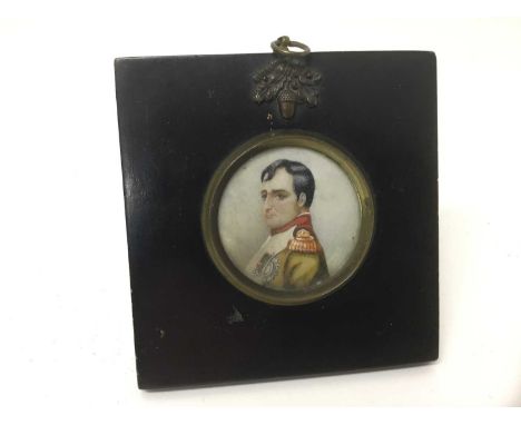 Late 19th / early 20th century watercolour on ivory miniature portrait of Napoleon, 4.5cm diameter, in papier mache frame