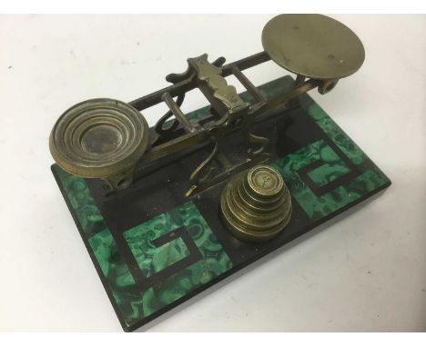 Early 20th century malachite and slate postal scales, with stacking weights, 18cm wideCondition report: In good original cond