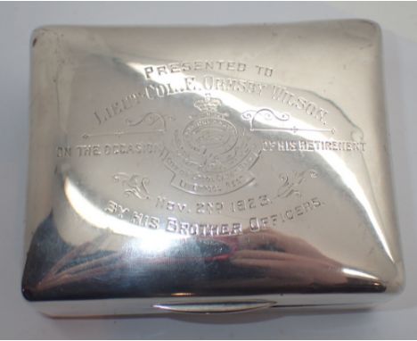 Silver cigarette case with military inscriptions dated 1923 to Lieut Colonel G Grimsby Wilson Liverpool Cadet Battalion Liver