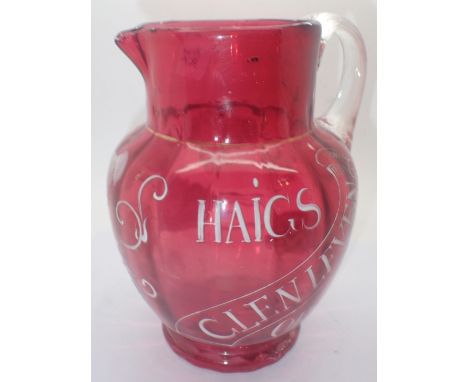 c 1900 Antique cranberry glass whisky water jug advertising Haigs Glen Leven Old Scotch H: 20 cm  CONDITION REPORT: Wear mark