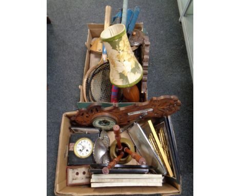 Two boxes of part slate mantel clock, Edwardian carved barometer, sports rackets, vintage carpet sweeper, table lamp etc 